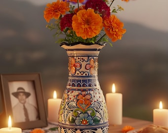 Talavera Pottery Vase 10 Inch, Mother's Day Gift for Abuela, Handcrafted Mexican Ceramic, Traditional Floral Home Decor, Plant Lover Gift