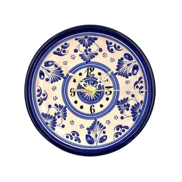 8-Inch Blue and Cream Talavera Ceramic Wall Clock - Handcrafted, Elegant Traditional Mexican Pottery Decor - Unique Gift Idea