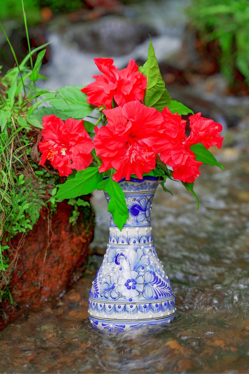 Traditional Mexican Talavera Vase Blue and White Handcrafted Ceramic Flower Vase for Home Decor & Gifts image 2