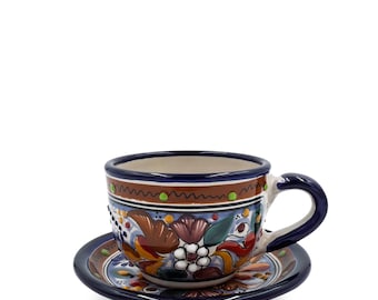 Talavera Tea Cup & Saucer Set, Hand-Painted Mexican Ceramic Mug, Colorful Floral Pottery, Boho Kitchen Decor, Christmas Gift