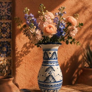 May include: A white ceramic vase with blue floral patterns holds a bouquet of pink and blue flowers. The vase has a flared rim and a detailed design. The flowers include roses and other blooms. The background is a warm, terracotta-colored wall.
