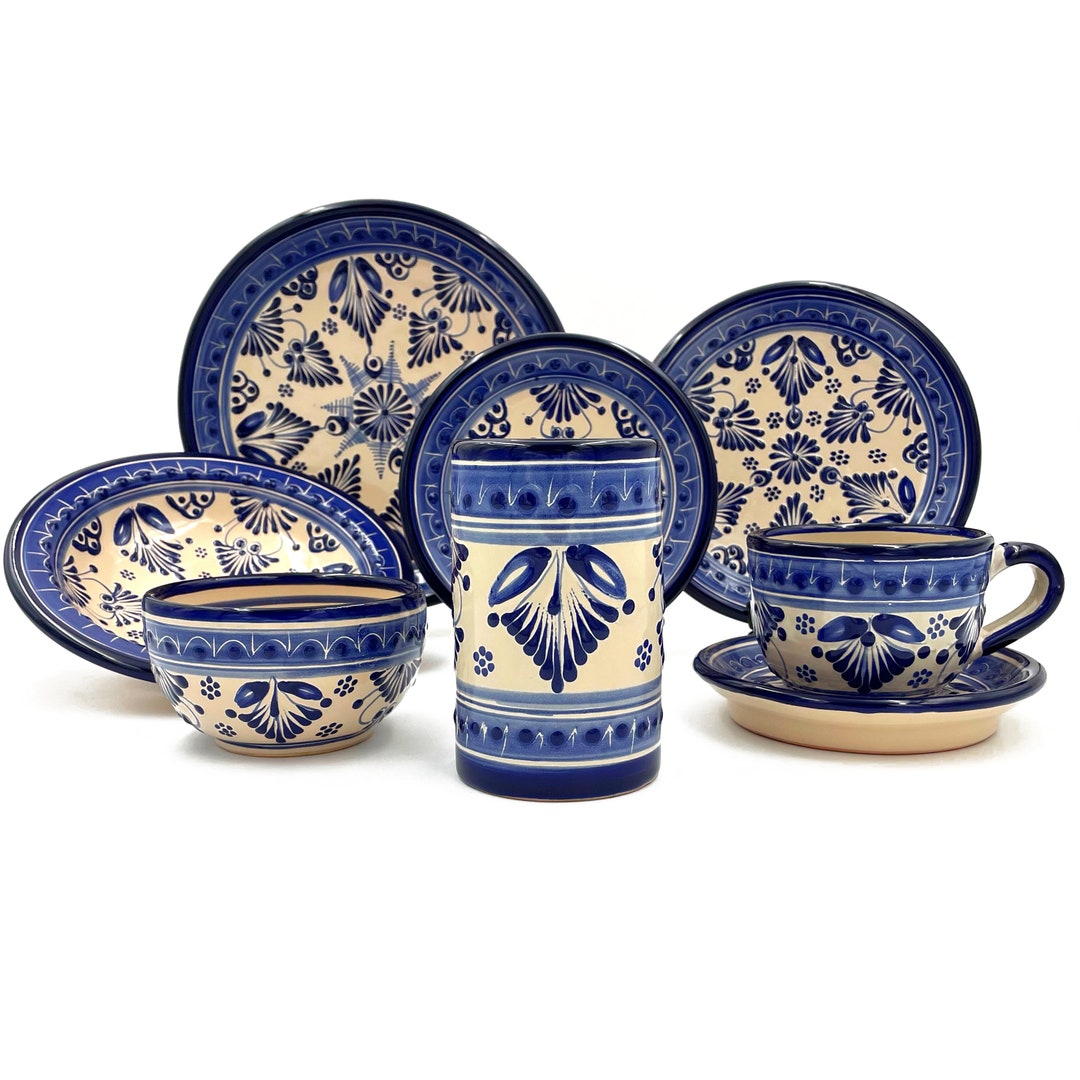 Handcrafted Talavera Dinnerware Set for One Place Settings White Blue ...