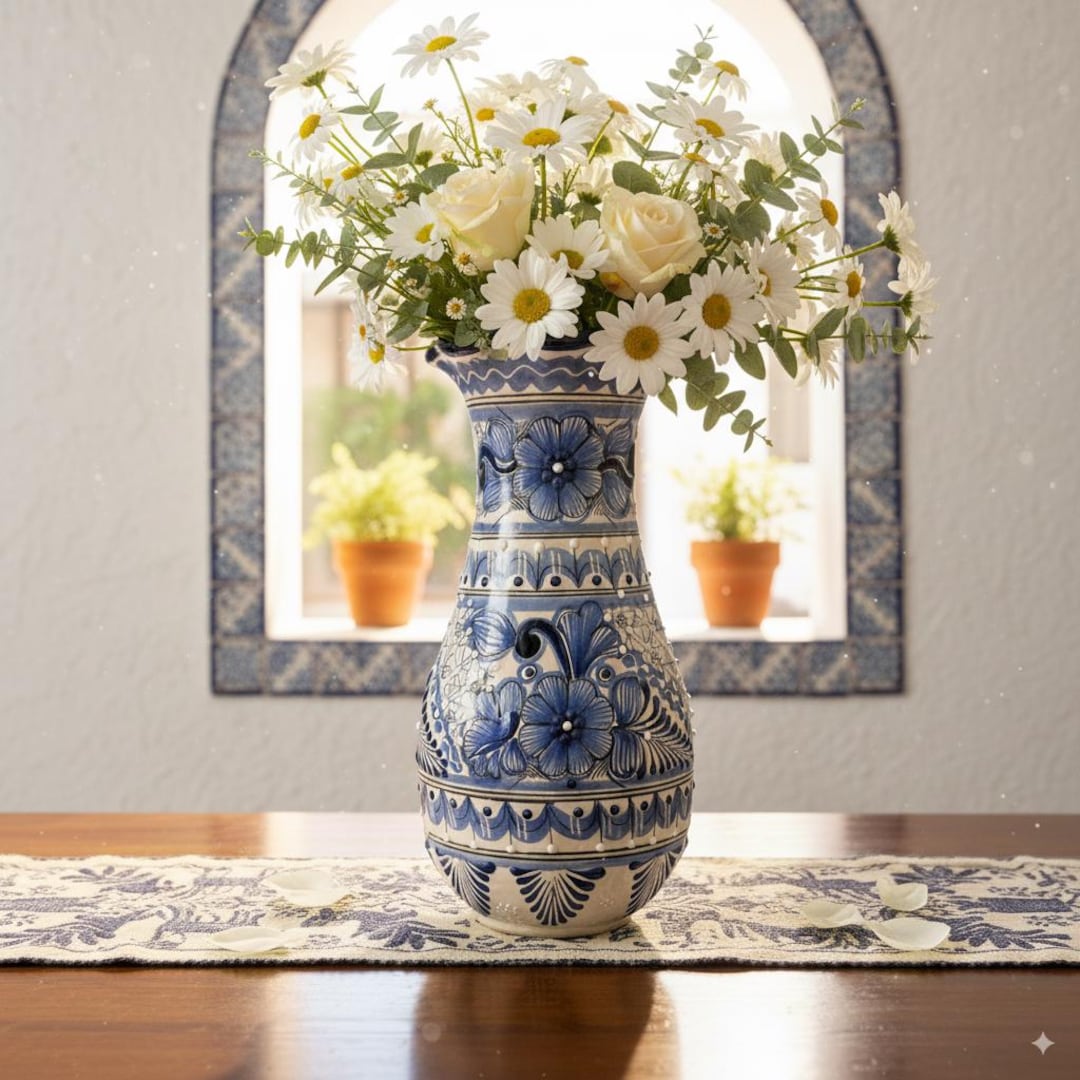 Mexican Ceramic Vase, Mother's Day Gift for Wife, Talavera Blue and White Decor, Artisan Pottery from Mexico, Elegant Gift for Friend