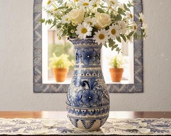 Mexican Ceramic Vase, Mother's Day Gift for Wife, Talavera Blue and White Decor, Artisan Pottery from Mexico, Elegant Gift for Friend