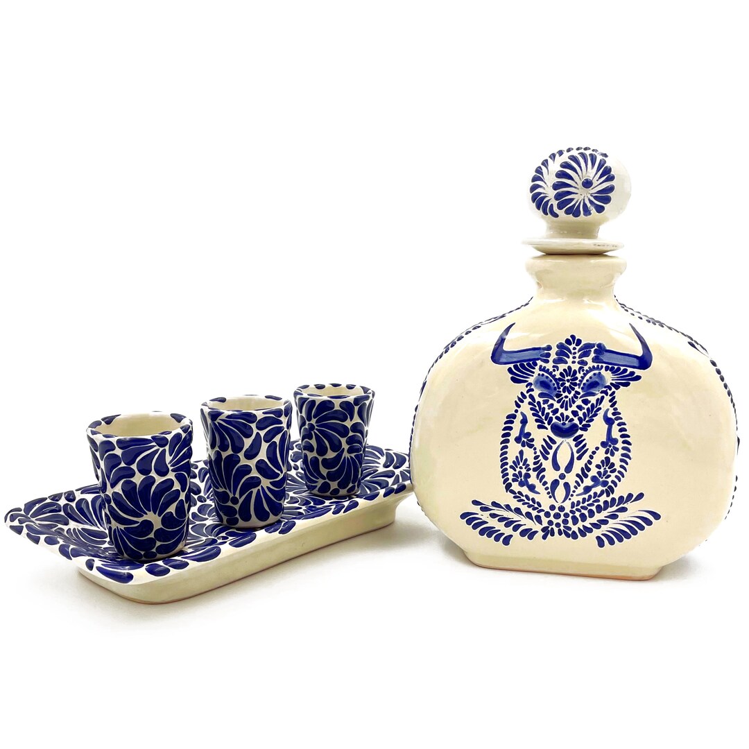 Handcrafted Talavera Tequila Decanter Set Mexican Ceramic Liquor Bottle