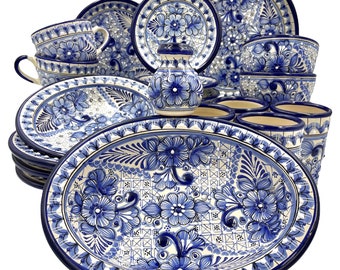 Handmade Talavera Dinnerware Set Artisan blue and White Mexican Pottery Service for 4 with Decorative Serving Pieces unique gift idea love