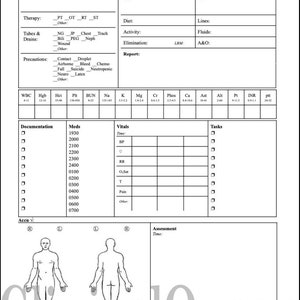 Printable Nursing Report Med surg template,  nursing tools, patient assessment, RN nurse brain sheet,  ICU report sheet, new grad, download