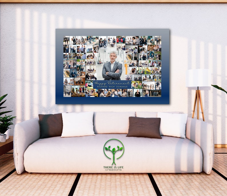 May include: A blue and gray collage photo print with a man in the center. The collage is made up of many smaller photos of people in a work setting. The text "Happy Retirement Richard "Rich" Donahus" is at the bottom of the collage.