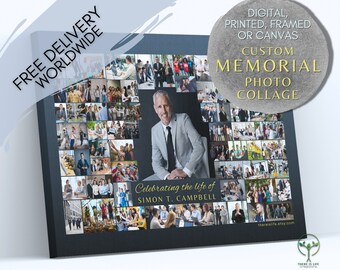 Puede incluir: Un collage fotográfico en blanco y negro en memoria de Simon T. Campbell. El collage está formado por muchas fotos más pequeñas de personas en diversos entornos. El collage está enmarcado con un borde negro y tiene el texto "Celebrating the life of Simon T. Campbell" en letras doradas.