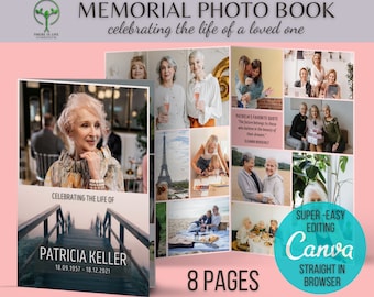 Puede incluir: Una portada de libro de fotos rosa y blanca con una foto de una mujer y el texto "Celebrating the life of Patricia Keller 18.09.1957 - 18.12.2021". La portada también presenta un puente con un cielo rosa en el fondo. El libro se titula "Memorial Photo Book celebrating the life of a loved one".