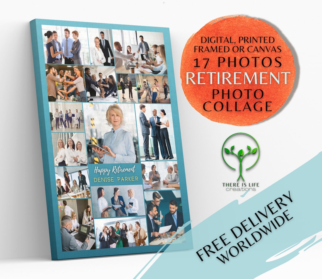 Custom Retirement Photo Collage Digital Printed Framed Canvas