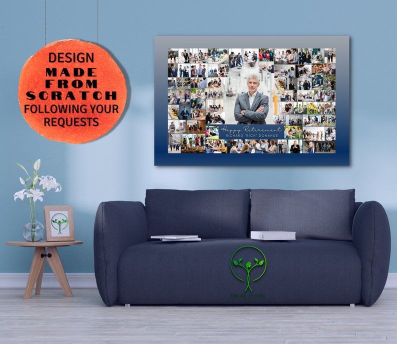 May include: A blue and gray collage photo canvas with a photo of a man in a suit in the center. The canvas has the text "Happy Retirement Richard "Rich" Donahue" at the bottom.