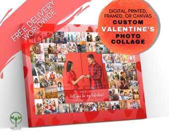 Puede incluir: Un collage de fotos rojo y blanco con un fondo de patrón de corazón. El collage presenta una pareja en el centro con el texto "ANGELINA, Will you be my Valentine? FEBRUARY 14TH, 2024". El texto "DIGITAL, PRINTED, FRAMED, OR CANVAS CUSTOM VALENTINE'S PHOTO COLLAGE" está en la esquina superior derecha.