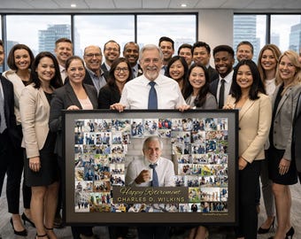 Puede incluir: Un grupo de personas con vestimenta de negocios posan para una foto, sosteniendo un collage enmarcado. El collage presenta un retrato central e imágenes más pequeñas. El marco dice "Happy Retirement Charles D. Wilkins."