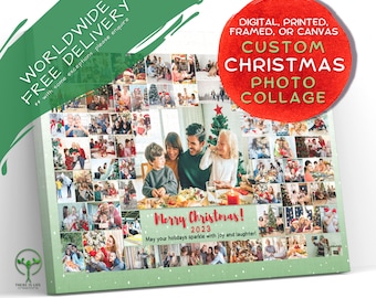 Puede incluir: Un collage de fotos de Navidad verde y blanco con una familia de cuatro en el centro. El collage está formado por muchas fotos más pequeñas de personas celebrando la Navidad. El texto "¡Feliz Navidad! 2023" está escrito en rojo en la parte inferior del collage.