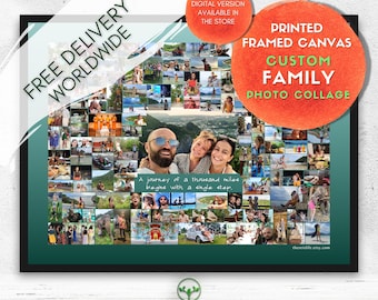 Puede incluir: Un collage de fotos familiar personalizado enmarcado con múltiples imágenes. El collage está rodeado por un borde verde oscuro e incluye el texto "ENTREGA GRATUITA EN TODO EL MUNDO" y "LIENZO ENMARCADO IMPRESO COLLAGE DE FOTOS FAMILIARES PERSONALIZADO".