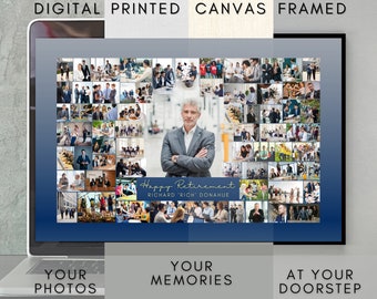 Puede incluir: Un collage digital de fotos en la pantalla de una computadora portátil. El collage es un regalo de jubilación para alguien llamado Richard 'Rich' Donahue. El collage está rodeado por un borde azul y el texto 'Happy Retirement' está escrito en una fuente blanca cursiva. La computadora portátil está sobre una mesa con las palabras 'Tus Fotos', 'Tus Recuerdos' y 'En Tu Puerta' escritas debajo de la pantalla.