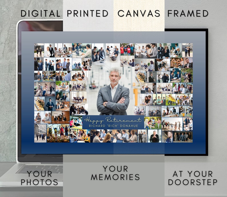May include: A digital collage of photos on a laptop screen. The collage is a retirement gift for someone named Richard 'Rich' Donahue. The collage is surrounded by a blue border and the text 'Happy Retirement' is written in a white cursive font. The laptop is on a table with the words 'Your Photos', 'Your Memories', and 'At Your Doorstep' written below the screen.