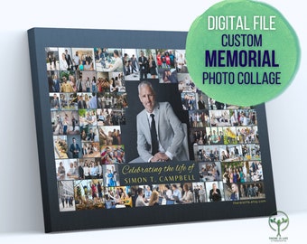 Puede incluir: Un archivo digital para un collage de fotos conmemorativo personalizado. El collage presenta un fondo negro con una cuadrícula de fotos de un hombre con traje. El texto "Celebrating the life of SIMON T. CAMPBELL" está en la parte inferior del collage.