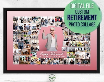 Puede incluir: Un collage de fotos digital rosa y blanco con una mujer en el centro. El collage está formado por muchas fotos más pequeñas de personas en un entorno laboral. El texto "Happy Retirement Ella M. Stanford" está escrito en negro en la parte inferior del collage.