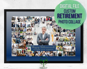 Puede incluir: Un collage de fotos azul y gris con una foto grande de un hombre en el centro. El collage está formado por fotos más pequeñas de personas en un entorno laboral. El texto "Happy Retirement Richard 'Rich' Donahue" está en la parte inferior del collage.