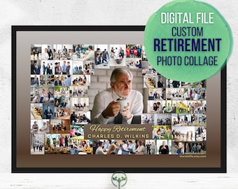 Puede incluir: Un archivo digital de collage de fotos de jubilación personalizado. El collage presenta una imagen central de un hombre sosteniendo una taza, rodeado de fotos más pequeñas. El texto incluye "Happy Retirement" y "Charles D. Wilkins."