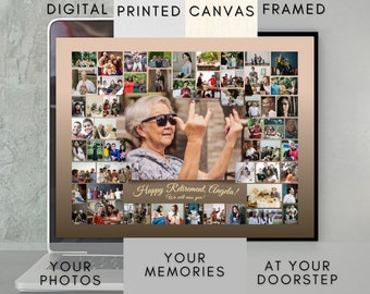 Puede incluir: Un collage de fotos digitales en la pantalla de un portátil. El collage está formado por muchas fotos más pequeñas de personas, y la foto central muestra a una mujer con gafas de sol haciendo una mueca divertida. El texto "Happy Retirement, Angela! We will miss you!" está escrito en letras doradas en la parte inferior del collage.