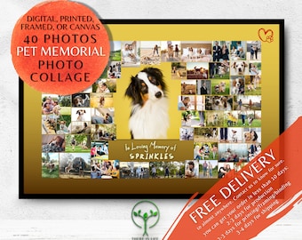 Puede incluir: Un fondo amarillo con un collage de 40 fotos de perros. El collage tiene la forma de un corazón. El texto "In Loving Memory of SPRINKLES" está en la parte inferior del collage. El texto "FREE DELIVERY" está en un cuadro rojo en la parte inferior derecha de la imagen.