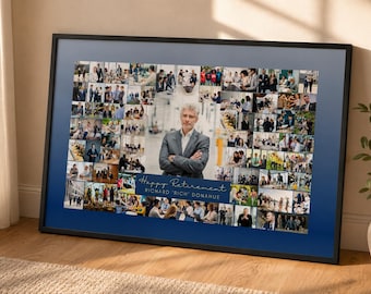 Puede incluir: Un collage de fotos enmarcado que presenta numerosas imágenes pequeñas de personas en entornos profesionales, centrado en el retrato de un hombre con traje. Una banda azul en la parte inferior muestra el texto Happy Retirement RICHARD 'RICH' DONAHUE.
