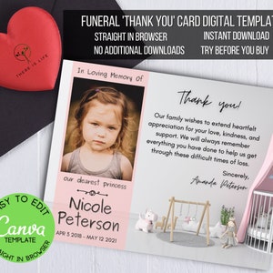 Modèle de canva de carte de remerciement funéraire / Carte commémorative de perte d'enfant / Sympathie de perte de nourrisson Merci / Modèle imprimable de perte d'un être cher