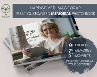 Puede incluir: Un libro de fotos conmemorativo de tapa dura con el texto "Celebrating the life of ELLA BROWN 07/03/1953 - 06/05/2022." El libro presenta una foto de una mujer sosteniendo una tableta. La portada dice "HARDCOVER IMAGEWRAP FULLY CUSTOMIZED MEMORIAL PHOTO BOOK."