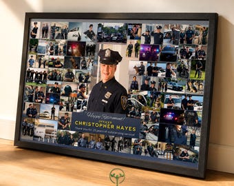 Puede incluir: Un collage de fotos enmarcado que presenta numerosas imágenes de un oficial de policía uniformado y en servicio. Un retrato central muestra al oficial con gorra e insignia. El texto dice: Happy Retirement! OFFICER CHRISTOPHER HAYES Thank you for 25 years of outstanding service!