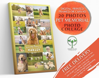 Puede incluir: Un collage de 20 fotos de un perro golden retriever sobre un fondo amarillo. El collage se titula "En memoria cariñosa de MARLEY".