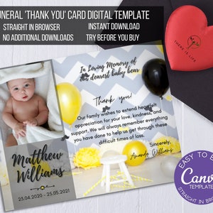 Modèle de canva de carte de remerciement funéraire / Carte commémorative de perte d'enfant / Sympathie de perte de nourrisson Merci / Modèle imprimable de perte d'un être cher