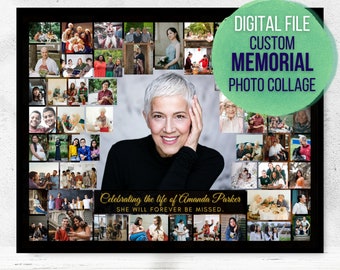 Puede incluir: Un collage fotográfico en blanco y negro en memoria de Amanda Parker. El collage está formado por muchas fotos más pequeñas de personas, algunas de las cuales sonríen. El collage está rodeado por un marco negro. El texto "Celebrating the life of Amanda Parker" y "She will forever be missed." está escrito en letras doradas en la parte inferior del collage.