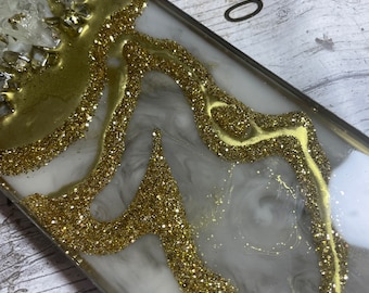 Oval Gold Metal Resin Trinket Tray - Made to order - luxe jewellery dish - ring dish - custom- Bespoke Gift - marble, seascape- gift for her