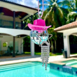 Star Rhinestone Pink Cowgirl Hat Disco Ball Car Hanging Rear View Mirror Accessory l Cowboy Disco Ball and Pink Hat l Trendy Car Accessory