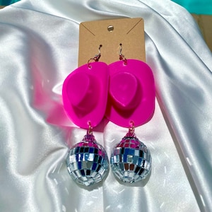 Disco Cowboy Hat Earrings Pink l Trendy Disco Cowgirl Earrings Hypoallergenic Dangling Earrings