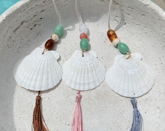 Beaded Shell Tassel Rear View Mirror Car Charm l Shell Rear View Mirror Car Accessories l Custom Car Charm Decor l Summer Car Charm