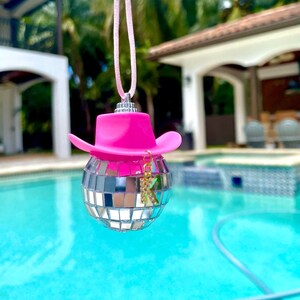 Initial Rhinestone Personalized Pink Cowgirl Hat Disco Ball Car Rear View Mirror Accessory Cowboy Disco Ball and Pink Hat l Trendy Car Decor