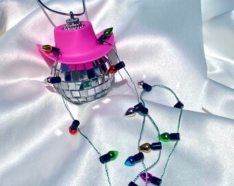 Christmas Lights Dangling Pink Disco Cowboy Hat Car Rear View Mirror Accessory l Dangling Christmas Disco Cowgirl Car Charm l Disco Decor