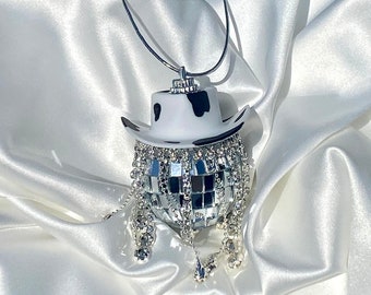 Cow Print Fringe Rhinestone Cowgirl Disco Ball Car Hanging Rear View Mirror Accessory l Cowboy Disco Ball l Trendy Accessories l Car Decor