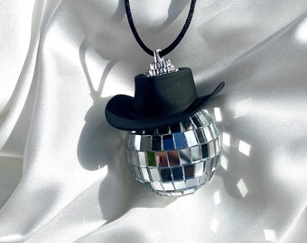 Black Cowboy Hat Disco Ball Car Hanging Rear View Mirror Accessory
