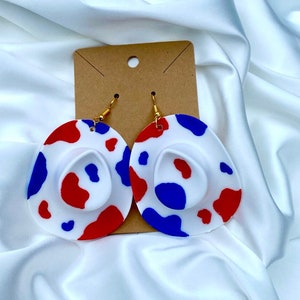 Fourth Of July Cowboy Hat Cow Print Earrings l Red White And Blue Cowgirl Hat Earrings l Dangling Cowboy Earrings l 4th of July Earrings