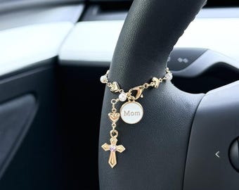Mom Heart Steering Wheel Rosary Car Charm Accessory