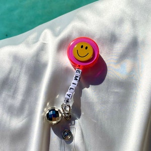Disco Personalized Name Beaded Smile Face Nurse Health Worker Badge Reel l Fun Badge Reel LPN l Smiley Badge Reel CNA l Teacher Custom Happy