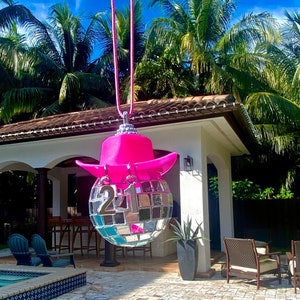 21st Birthday Pink Cowgirl Hat Disco Ball Car Hanging Rear View Mirror Accessory l 21 Cowboy Disco Ball Pink Hat l Trendy Car Accessories