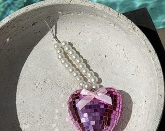 Pink Heart Beaded Bow Disco Car Accessories l Beaded Bow Pink Heart Rear View Mirror Car Decor