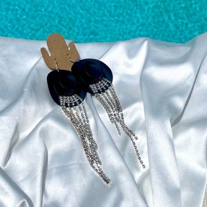 Black Long Dangling Rhinestone Fringe Disco Cowgirl Earrings l Dangling Fringe Rhinestone Cowboy Hat Earrings l Cowboy Cowgirl Accessories
