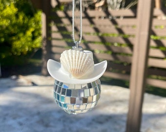 Coastal Disco Cowgirl Rear View Mirror Car Accessory l Coastal Disco Cowboy Car Decor l Shell Disco Cowboy Car Charm l Shell Car Charm